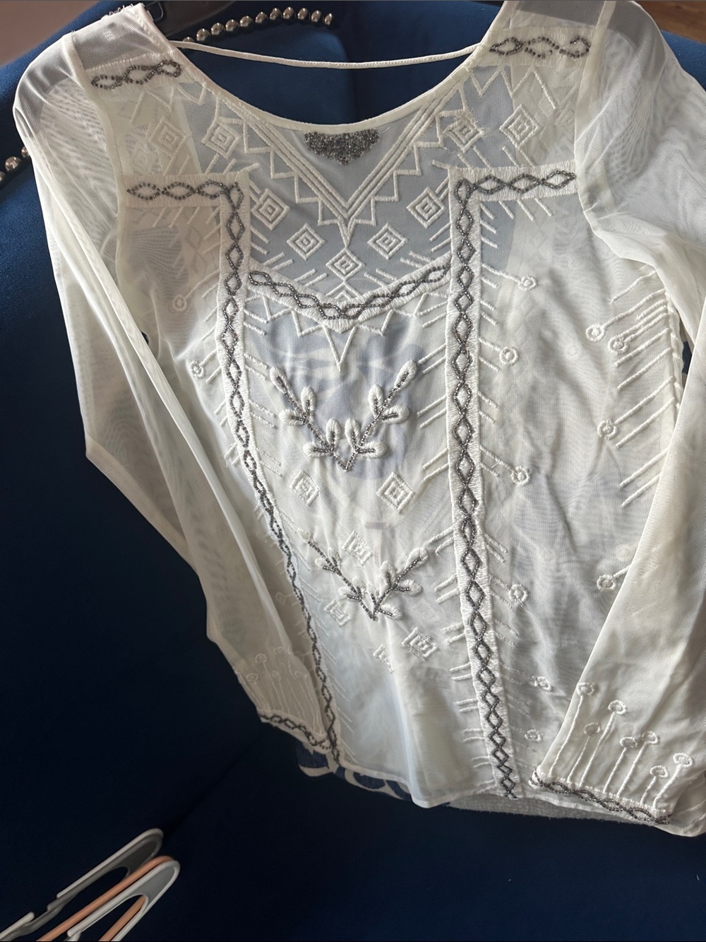 Free People White Sheer Embroidered Long-Sleeve Blouse